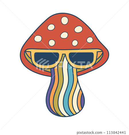 Retro groovy hippie mushroom with sunglasses. - Stock