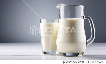 Glass and bottle of milk isolated on a white background with minimalistic style. concept of breakfast 113842521