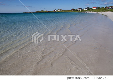 Coast of Norway sea in clouds of haze. Cloudy Nordic day on Lofoten islands 113842620