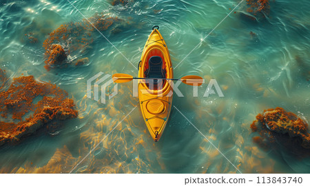canoe boat, empty, in the center of the lake, view from above 113843740