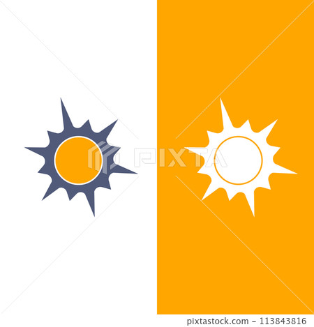Sun icon, the source of light symbol. Sunlight, sunrise element. Shining sun icon in yellow color. Stock vector illustration isolated on white and yellow background. 113843816