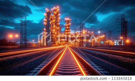 factory with illumination evening landscape factory with illumination evening landscape 113843818