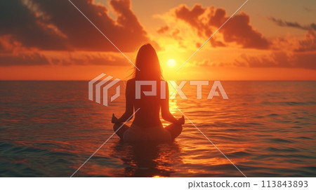 woman in lotus position meditating at sunset 113843893