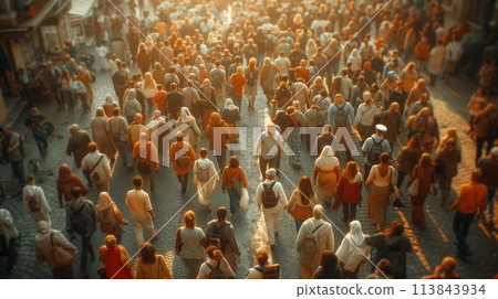 crowd of people on a city street crowd of people on a city street 113843934