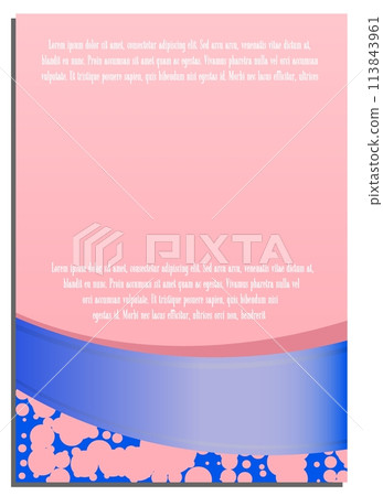 Vertical pink abstract background with blue ribbon, coral blots, for cover, title page of presentation, report, album in A4 format. Template layout for design of printed products. Vector banner 113843961