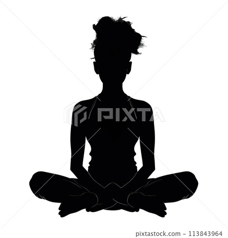 Black silhouette of a meditating girl on white background. 113843964