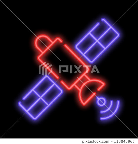 Glowing telecommunications orbital satellite sends signal to receiving device. Navigation spacecraft for transmitting. Night advertising sign element. Glowing neon icon isolated on black background 113843965