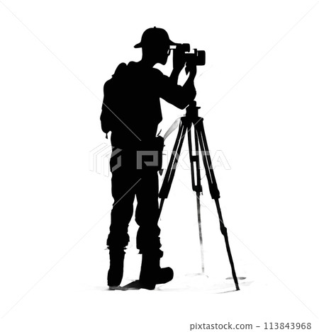 Black silhouette of a photographer and mountains on white background. 113843968