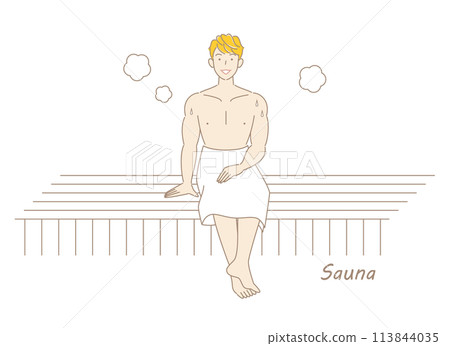 一個喜歡桑拿的清爽男人在桑拿房享受桑拿 Toto 桑拿男孩簡單插圖 113844035