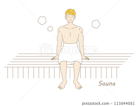 A refreshing man who likes saunas enjoying sauna in a sauna room. Totono sauna boy simple illustration 113844081