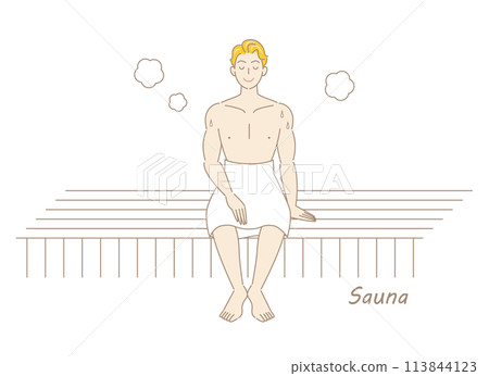 A refreshing man who likes saunas enjoying sauna in a sauna room. Totono sauna boy simple illustration 113844123