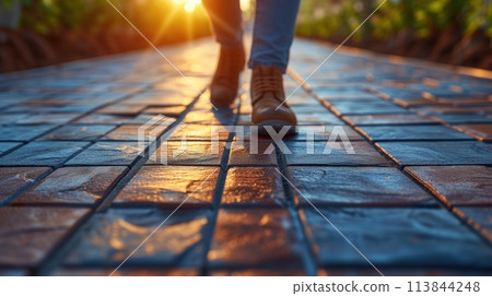walking man legs in boots close-up 113844248