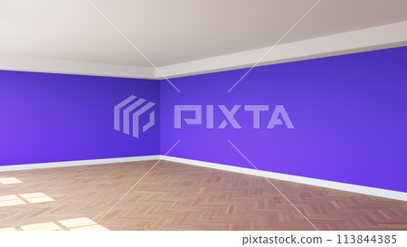 Corner of the Sunny Room with Violet Walls, a White Ceiling and Cornice, Glossy Herringbone Parquet Floor, and a White Plinth. Unfurnished Interior Concept. 3D Rendering, 8K Ultra HD, 7680x4320 113844385
