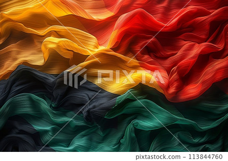 Abstract flag of waves background of black, red, yellow, green colors of pan African flag. Black History Month concept Abstract flag of waves background of black, red, yellow, green colors of pan African flag. Black History Month concept 113844760