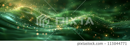 Green banner of wave with gold and green sparkles 113844771
