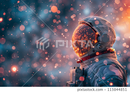 Astronaut in a spacesuit is standing in front of a blurry background. The background is filled with bright colors and a lot of light. The man's helmet is glowing, and he is looking up at the sky 113844851