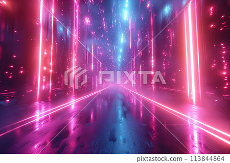 Pink and blue tunnel lit up with neon lights and has a futuristic feel to it Pink and blue tunnel lit up with neon lights and has a futuristic feel to it 113844864