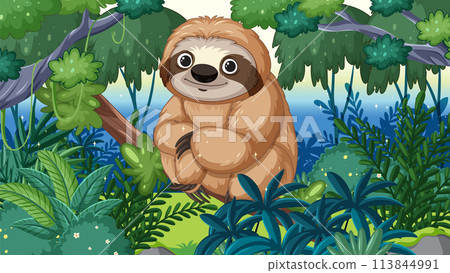 Cheerful Sloth in Lush Jungle Cheerful Sloth in Lush Jungle 113844991