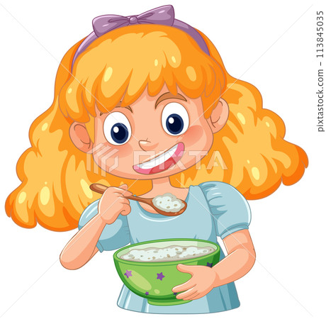 Happy Girl Enjoying a Bowl of Cereal 113845035