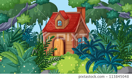 Secluded Cottage in Lush Forest Scene 113845048