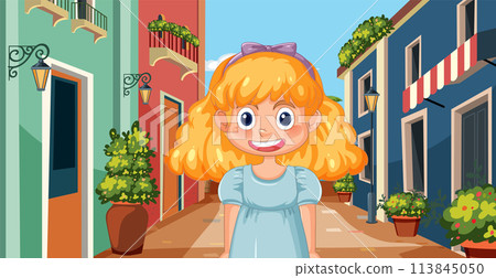 Cheerful Girl on a Colorful Street 113845050