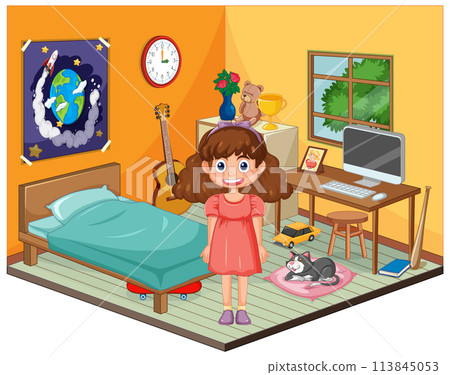 Cheerful Girl in Her Colorful Bedroom Cheerful Girl in Her Colorful Bedroom 113845053