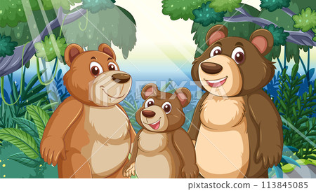 Happy Bear Family in Forest Clearing 113845085