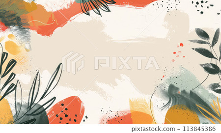 Creative banner template with hand drawn organic shapes, textures, floral and graphic elements. Copy space 113845386