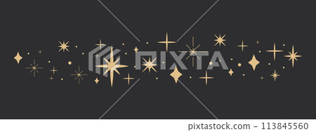 Golden celestial star border, sparkle divider, festive shiny space elements, festive lights on dark background. Holiday decoration 113845560