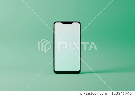Phone with vertical white screen isolated green background. Mock Up Display. Smartphone gadget for advertising. Front view Mobile phone with empty blank screen. Layout template. Smart phone device ad 113845746