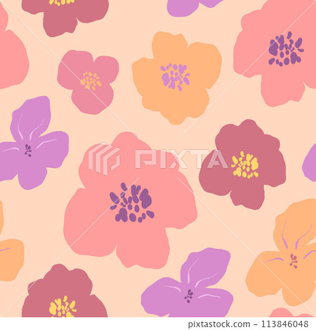 Vector abstract flower seamless pattern. Hand painted floral composition of wildflowers isolated on beige background. Holiday Illustration for design, print, fabric or background. 113846048