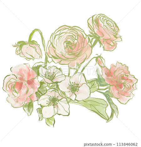 Oil painting abstract bouquet of ranunculus, rose and jasmine. Hand painted floral composition isolated on white background. Holiday Illustration for design, print, fabric or background. Oil painting abstract bouquet of ranunculus, rose and jasmine. Hand painted floral composition isolated on white background. Holiday Illustration for design, print, fabric or background. 113846062
