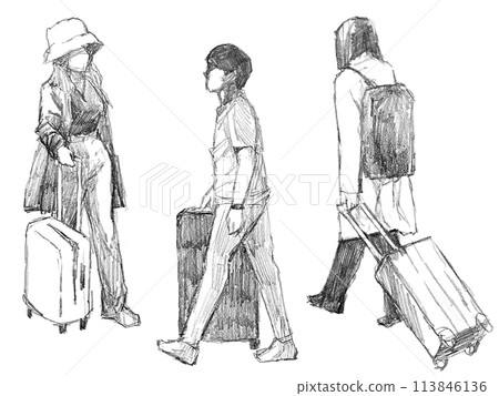 帶著手提包行走的旅行者的鉛筆素描集 113846136