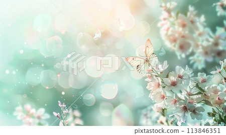A delicate tableau of spring, where blossoming flowers meet the soft hues of a dreamy backdrop, with a dainty butterfly fluttering amidst petals dusted with magical bokeh sparks A delicate tableau of spring, where blossoming flowers meet the soft hues of a dreamy backdrop, with a dainty butterfly fluttering amidst petals dusted with magical bokeh sparks 113846351