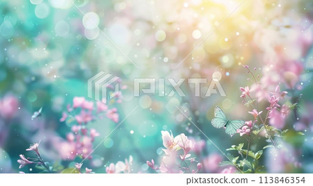 A delicate tableau of spring, where blossoming flowers meet the soft hues of a dreamy backdrop, with a dainty butterfly fluttering amidst petals dusted with magical bokeh sparks 113846354