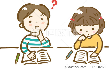 手繪插圖，一個男孩在學習時有疑問，一個女孩在思考 113846422