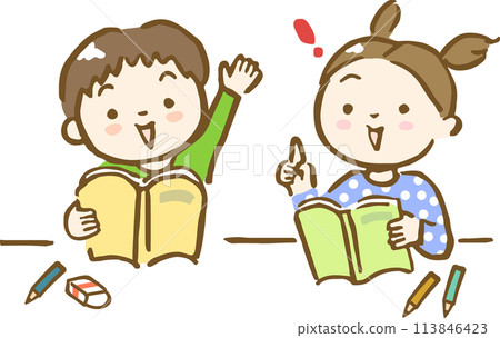手繪插畫:男孩舉手,女孩表情“我明白” 手繪插畫:男孩舉手,女孩表情“我明白” 113846423