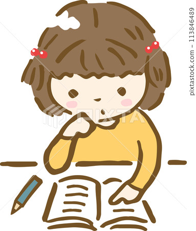Hand-drawn illustration of a girl thinking while studying 113846489