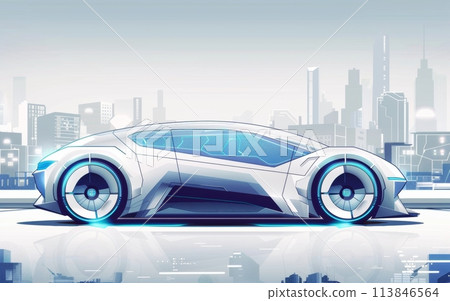 A futuristic white car with blue illuminated wheels stands before a stylized cityscape, reflecting off the glossy surface below 113846564