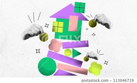 Hands investing money into house. Contemporary art collage. Impact of strategic property investments, fostering economic empowerment and prosperity 113846719