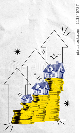 Several houses standing on top of stacks of coins with doodle arrows going up. Contemporary art collage. Investing in property for wealth 113846727