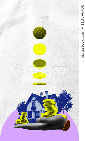 Hand holding a miniature house in front of pile of coins. Contemporary art collage. Goal of homeownership, mortgage and loans Hand holding a miniature house in front of pile of coins. Contemporary art collage. Goal of homeownership, mortgage and loans 113846730