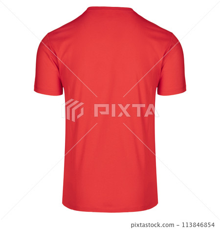Solid red T-shirt with a round neckline. Rear view Solid red T-shirt with a round neckline. Rear view 113846854
