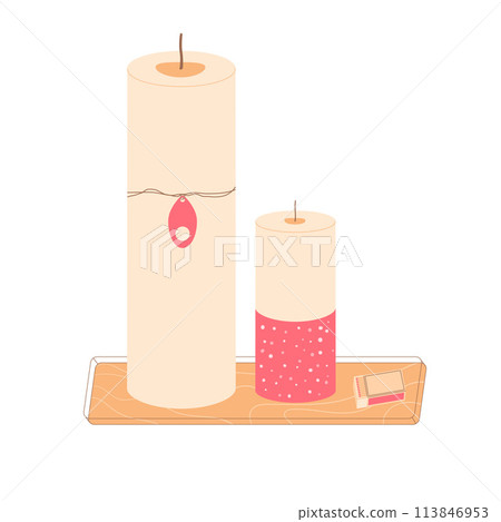 Candles on a wooden stand set. Handmade aromatic candlelight with match isolated in white background. Vector hand drawn illustration 113846953