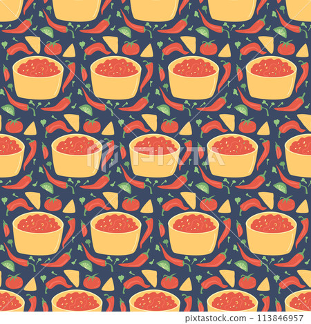 Red salsa sauce seamless pattern. Mexican cuisine repeat background. Salsa rojo endless cover. Traditional mexican food nachos, pepper, lime and tomatoes loop ornament. Vector illustration. 113846957