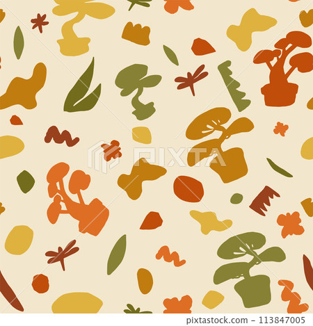 Bonsai trees seamless pattern. torn plant silhouette on pot with dragonfly and leaves and collage shape of ripped papers silhouettes repeat background. Scribble endless cover. Vector hand drawn 113847005