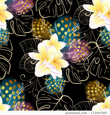 Seamless watercolor pattern with tropical white frangipania flowers, colorful feathers and golden monstera leaves on a black background. Luxury design. Ideal for textiles, packaging, printing 113847007