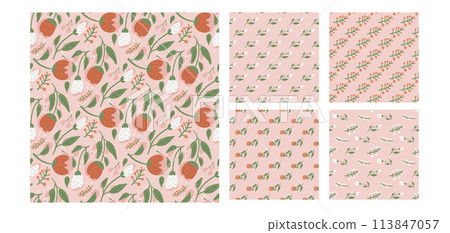Floral collection seamless pattern. Pink red and white wildflowers endless background set. Summer meadow repeat covers. Botanic loop ornament. Vector hand drawn illustration. 113847057