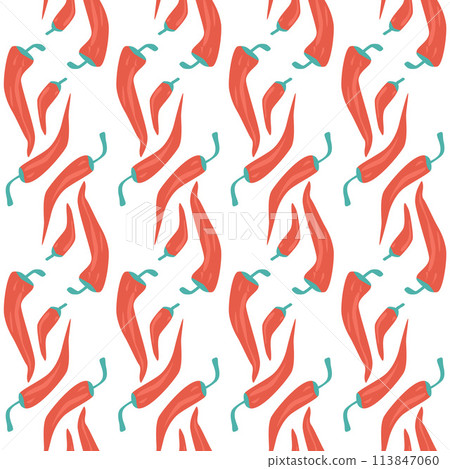 Chili pepper seamless pattern. jalapeno loop backdrop Mexican food symbol repeat background. Hot vegetable endless cover. Vector illustration. Chili pepper seamless pattern. jalapeno loop backdrop Mexican food symbol repeat background. Hot vegetable endless cover. Vector illustration. 113847060