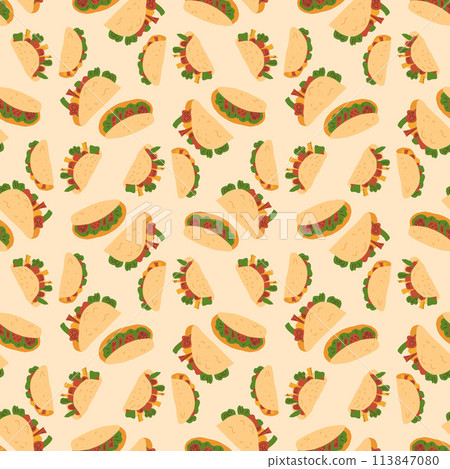 Mexican tacos seamless pattern. Trendy fast food endless background. Grilled beef with vegetable sandwich repeat cover. Taco snack loop ornament. Vector illustration. 113847080